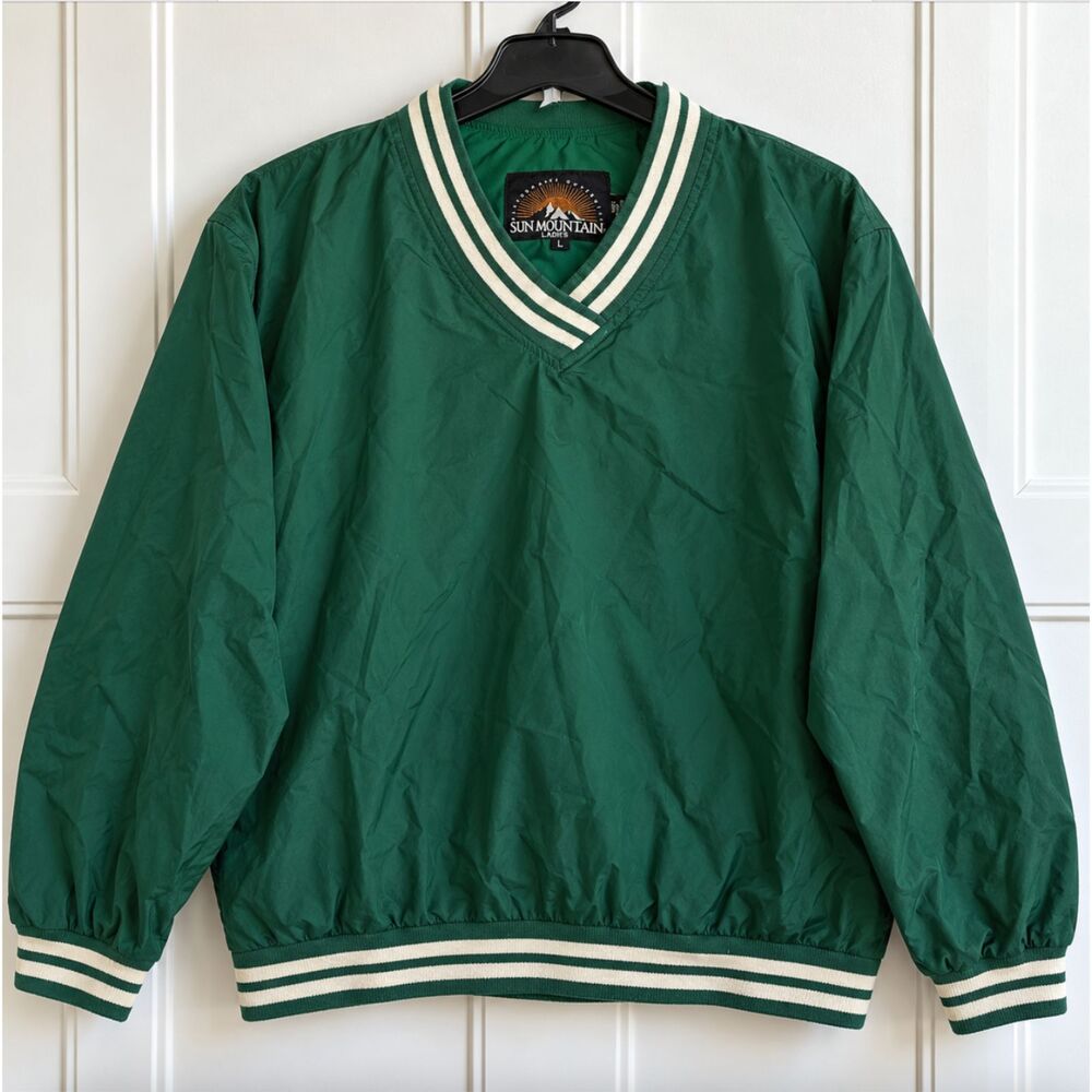 Sun Mountain Womens L Green V Neck Pullover Windbreaker Golf Jacket Retro Vtg